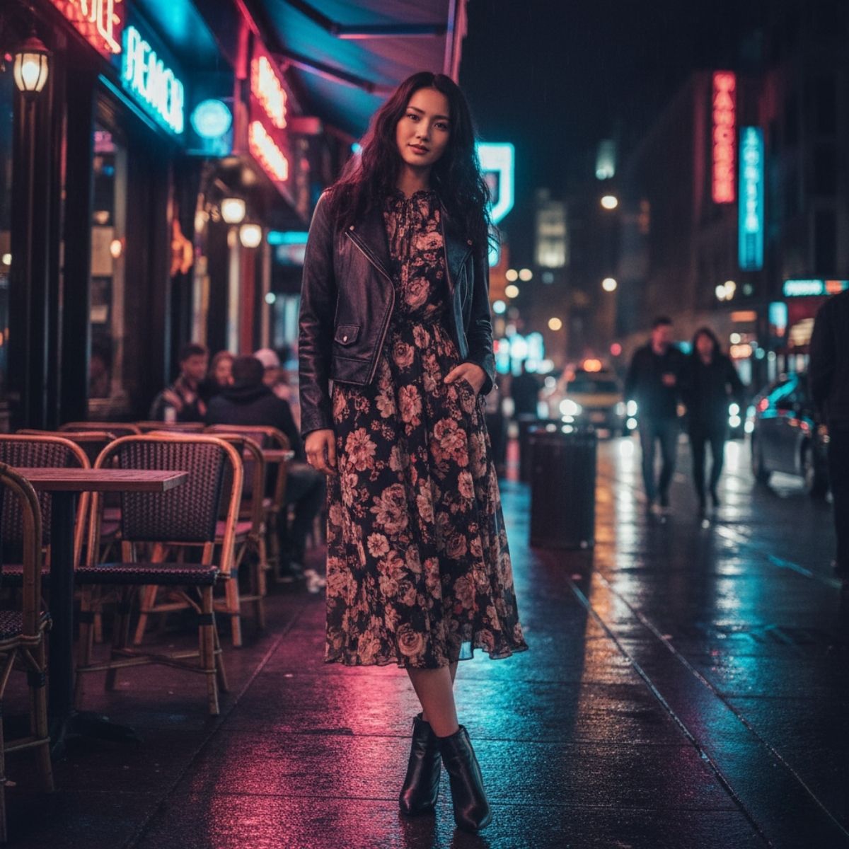 Váy hoa nhí tay dài và áo khoác da cho những buổi hẹn hò