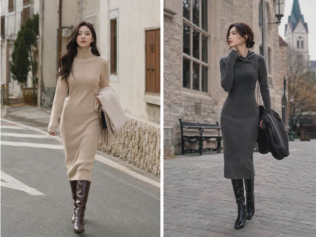 Váy len dáng dài và boots tạo diện mạo ấm áp, nữ tính