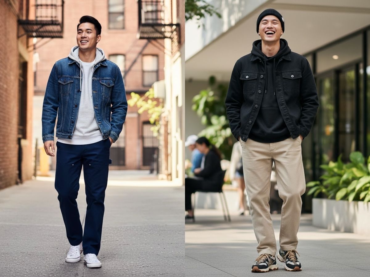 Workwear mùa đông với áo khoác denim và áo hoodie