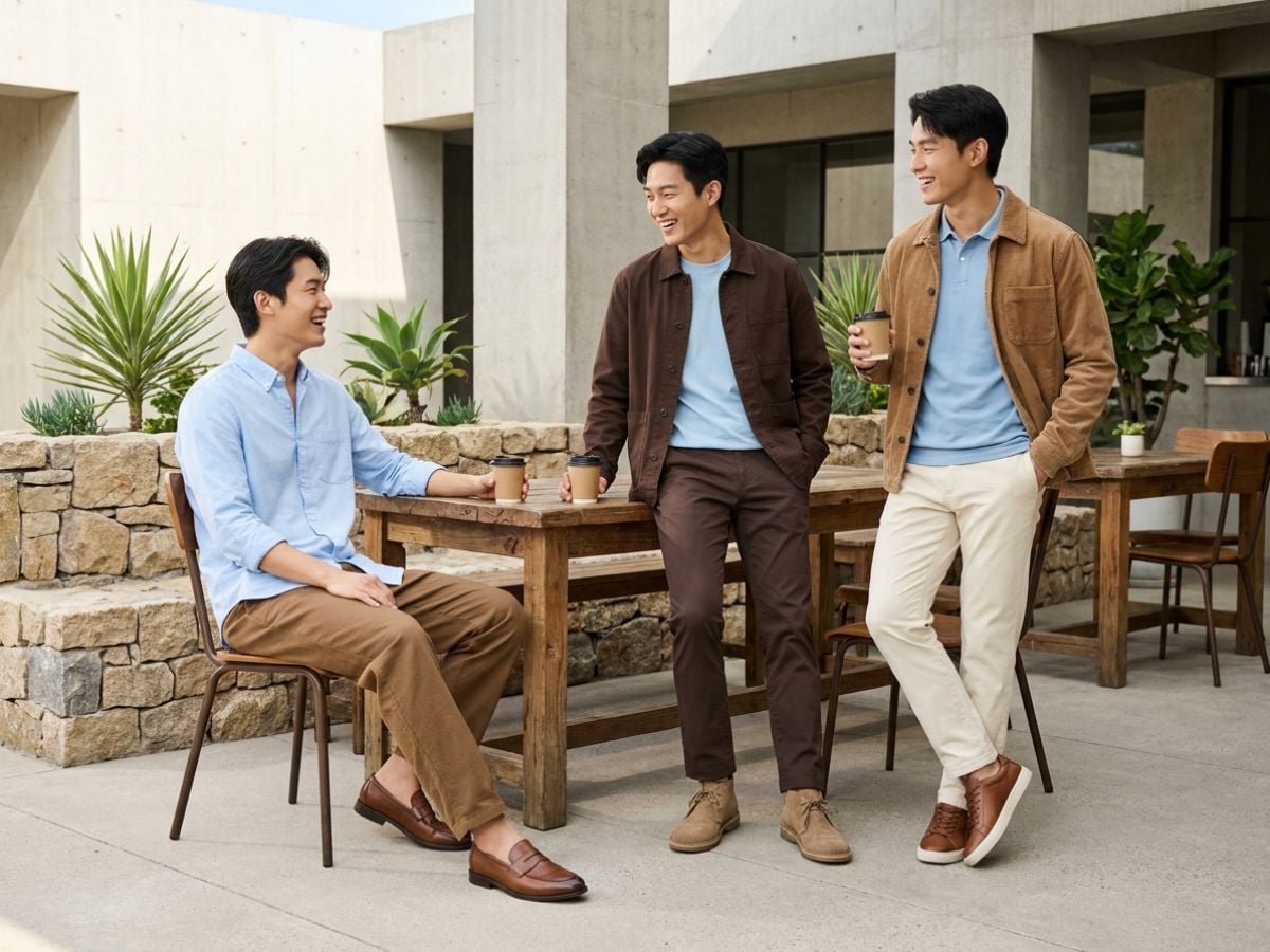 Xanh dương nhạt phối nâu mang nét cổ điển, phong trần