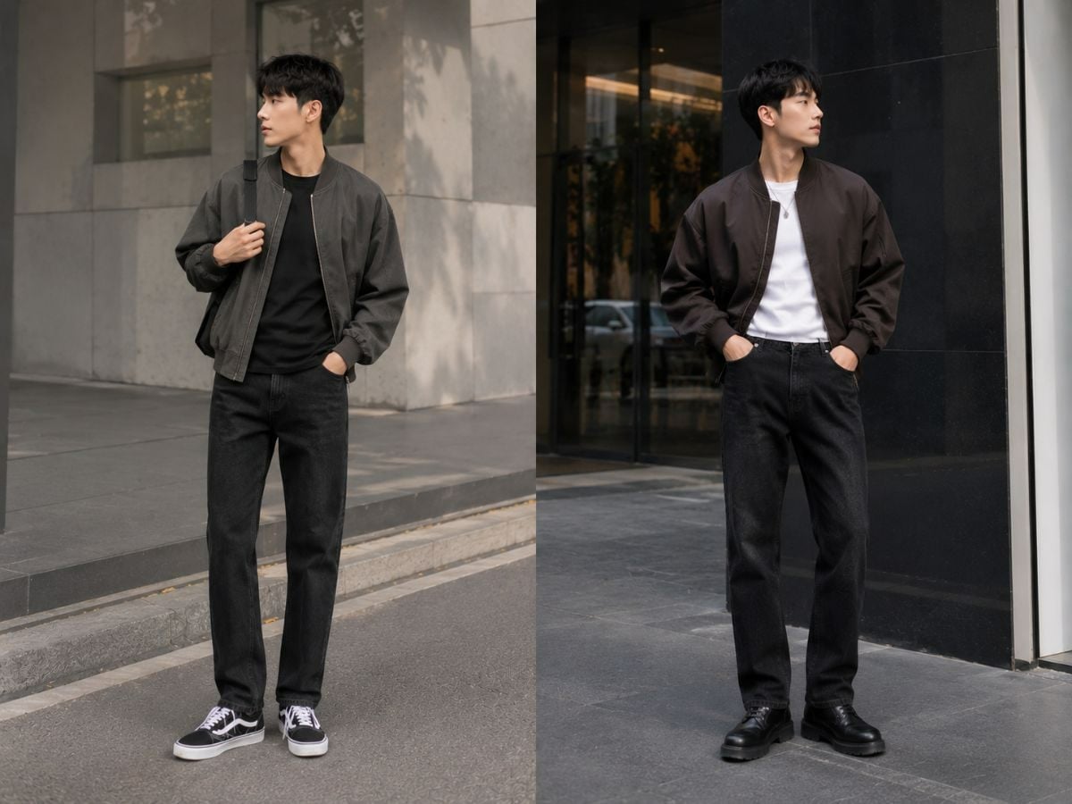 Bomber boxy phối áo thun trơn và quần jean đen