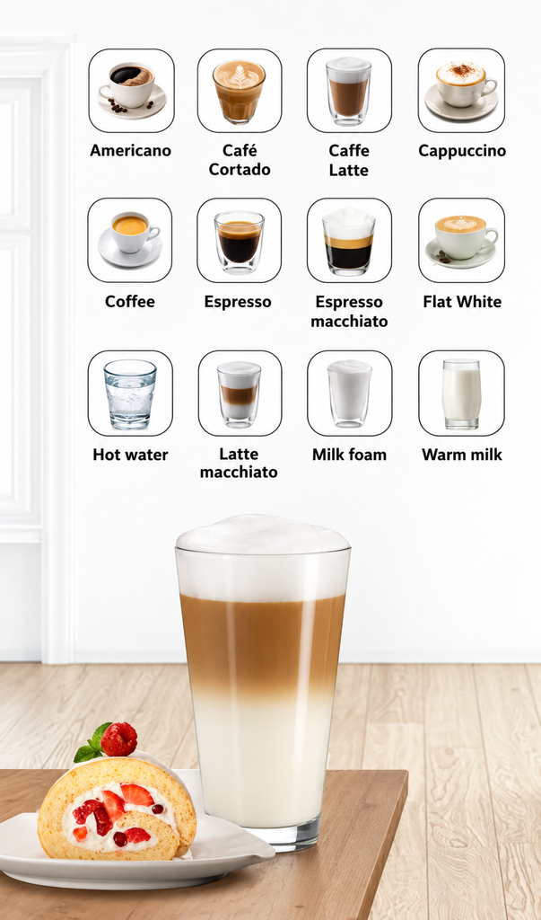 12 công thức đồ uống của máy pha cafe Capuchino Bosch TIS65621RW espresso maker