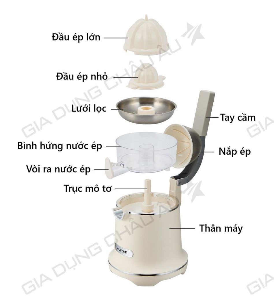 Các phụ kiện đi kèm của máy vắt cam Hàn Quốc Hurom CJ-B03FWH