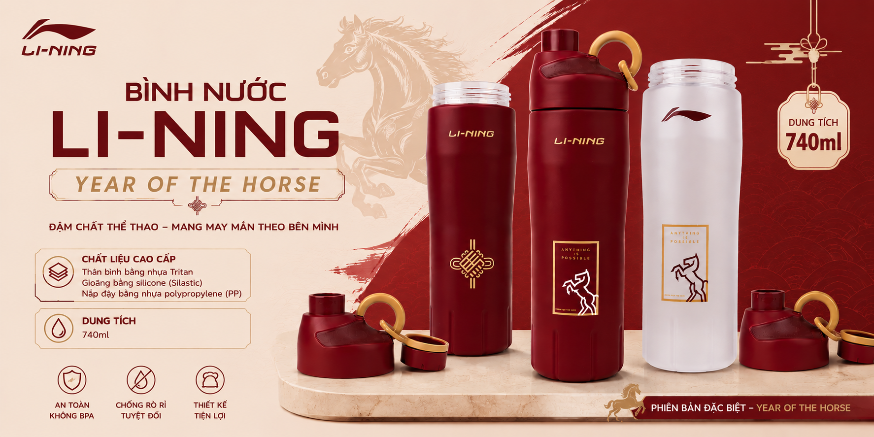 Bình Nước Li-Ning AQTW121 Year of the Horse – Phụ Kiện Thể Thao Chính Hãng, Thiết Kế Hiện Đại