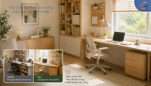 Góc làm việc được bố trí gọn gàng, phù hợp với nhu cầu sinh hoạt và làm việc trong giai đoạn mới.