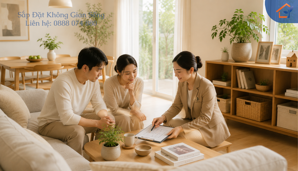 Chuyên gia Việt Hà trao đổi với gia đình để tìm hiểu nhu cầu trước khi tư vấn giải pháp sắp đặt không gian sống.
