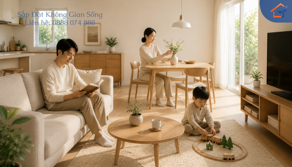 Gia đình nhiều thế hệ cùng sinh hoạt trong không gian sống tối giản, tiện nghi và gắn kết.