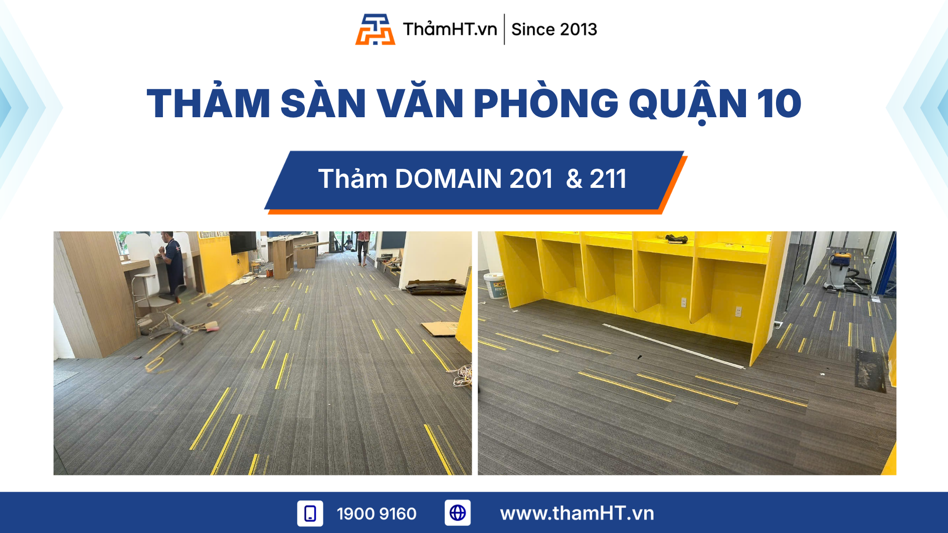 Thảm trải sàn văn phòng Quận 10 - Thảm Domain 201 xám và 211 vàng - Đổi mới không gian làm việc