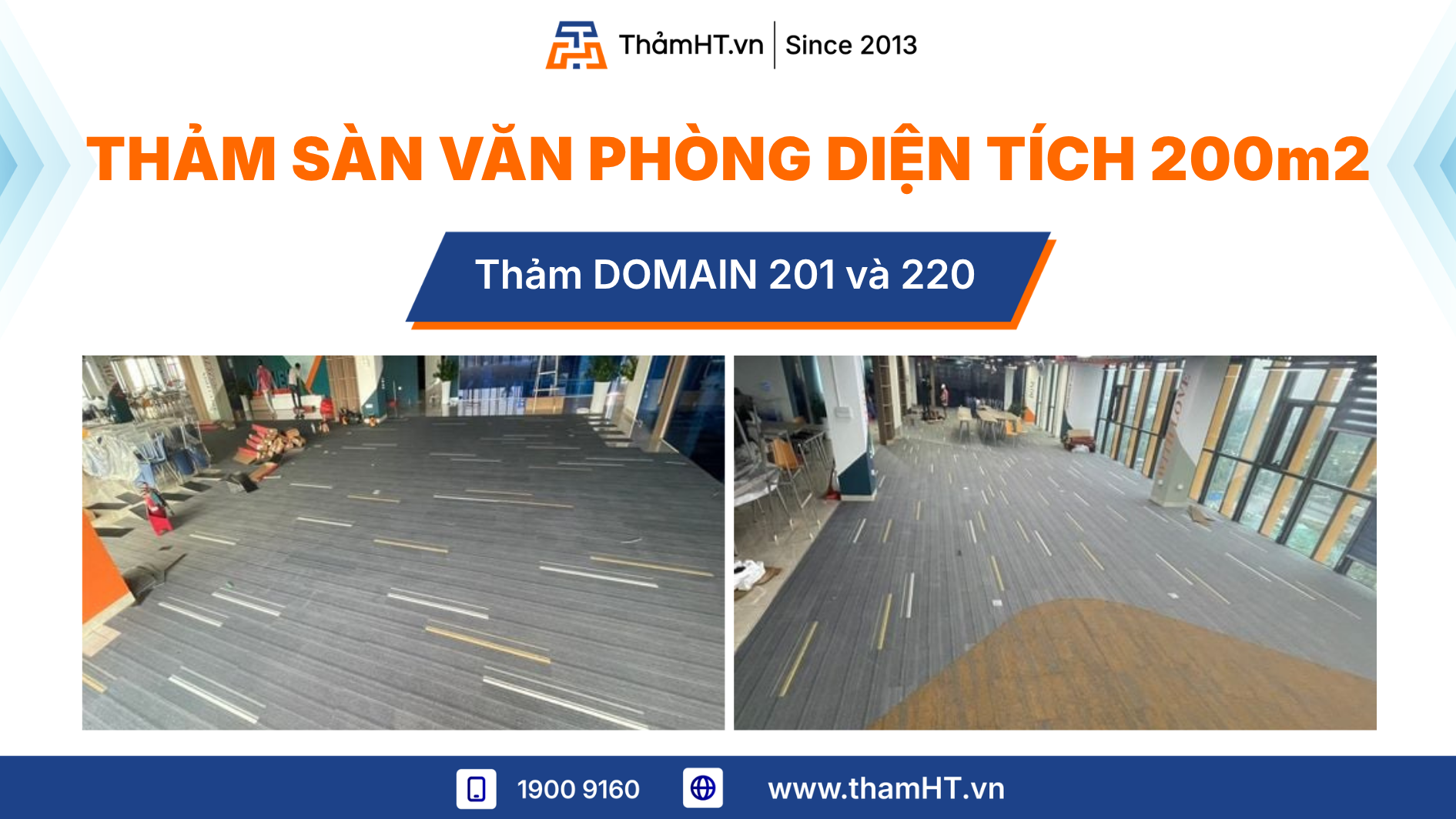Thảm trải sàn văn phòng diện tích 200m2 - Thảm DOMAIN 201 Xám, 211 Vàng và 220 Trắng - Cải tạo văn phòng phối màu độc đáo