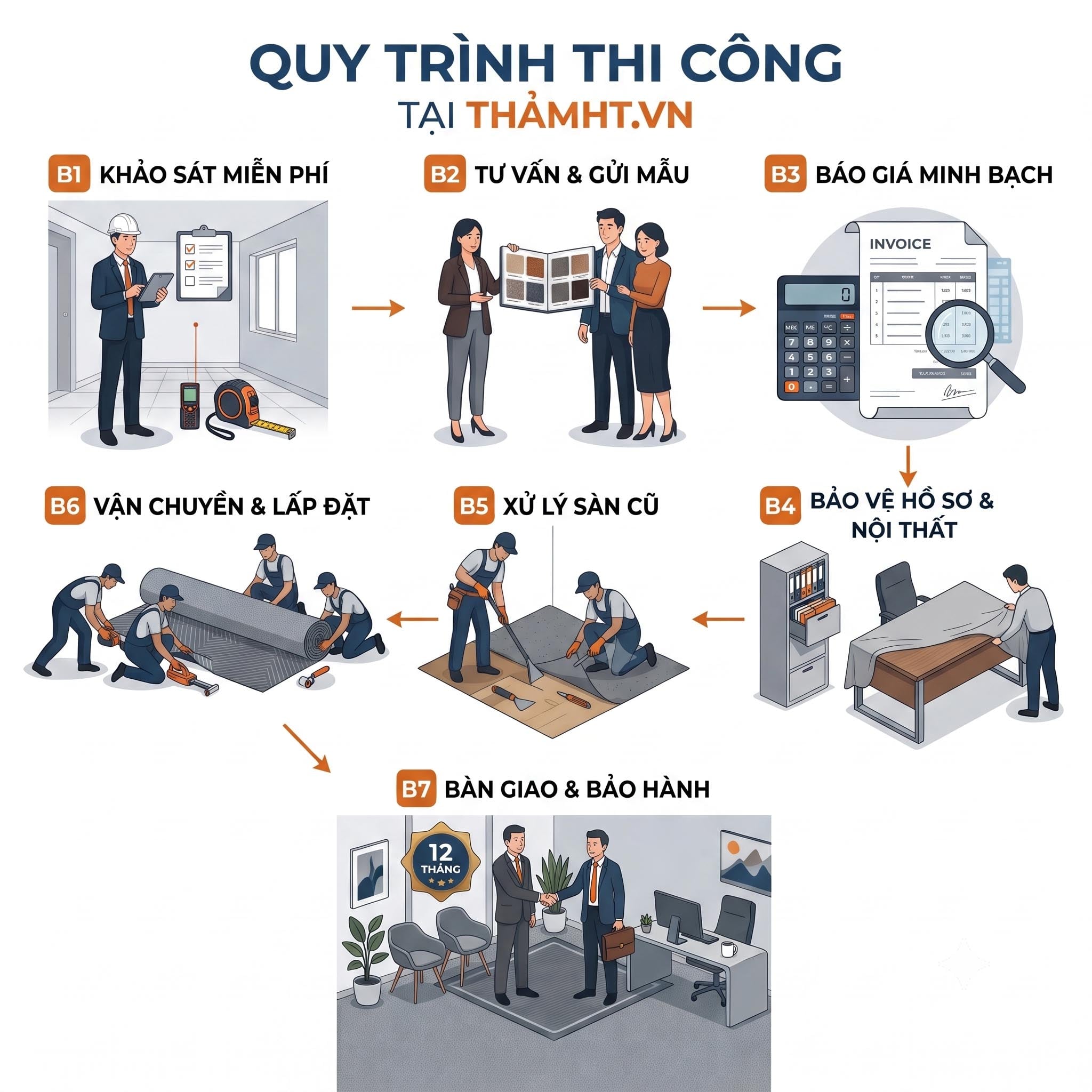 Quy trình thi công thay thảm mới văn phòng trọn gói - ThảmHT.vn