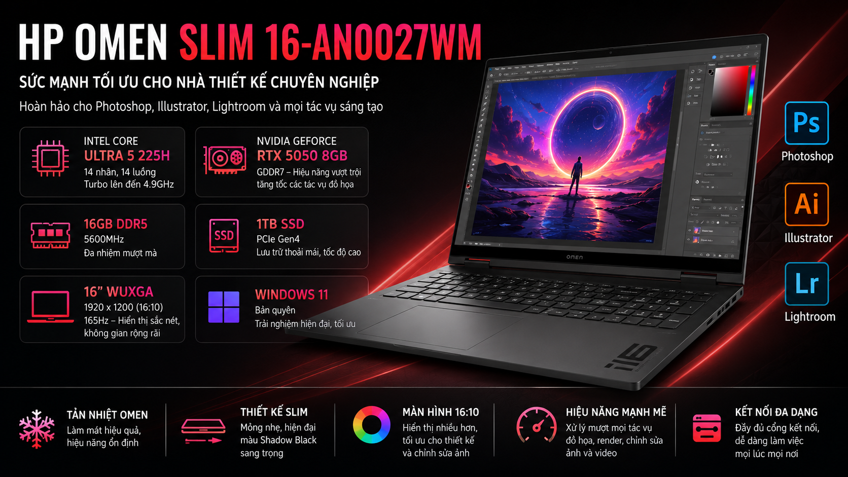 Đánh Giá HP OMEN Slim 16-an0027wm – Laptop Thiết Kế Đồ Họa Hiệu Năng Cao Cho Photoshop, Illustrator Và Lightroom