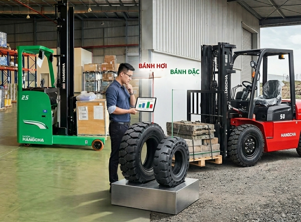 Lốp Đặc và Lốp Hơi Xe Nâng: Cuộc “Cân Não” Giữa Hiệu Suất Và Chi Phí