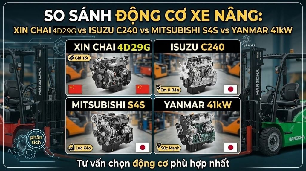 So sánh Động cơ Xe nâng: Xin Chai 4D29G, Isuzu C240, Mitsubishi S4S & Yanmar
