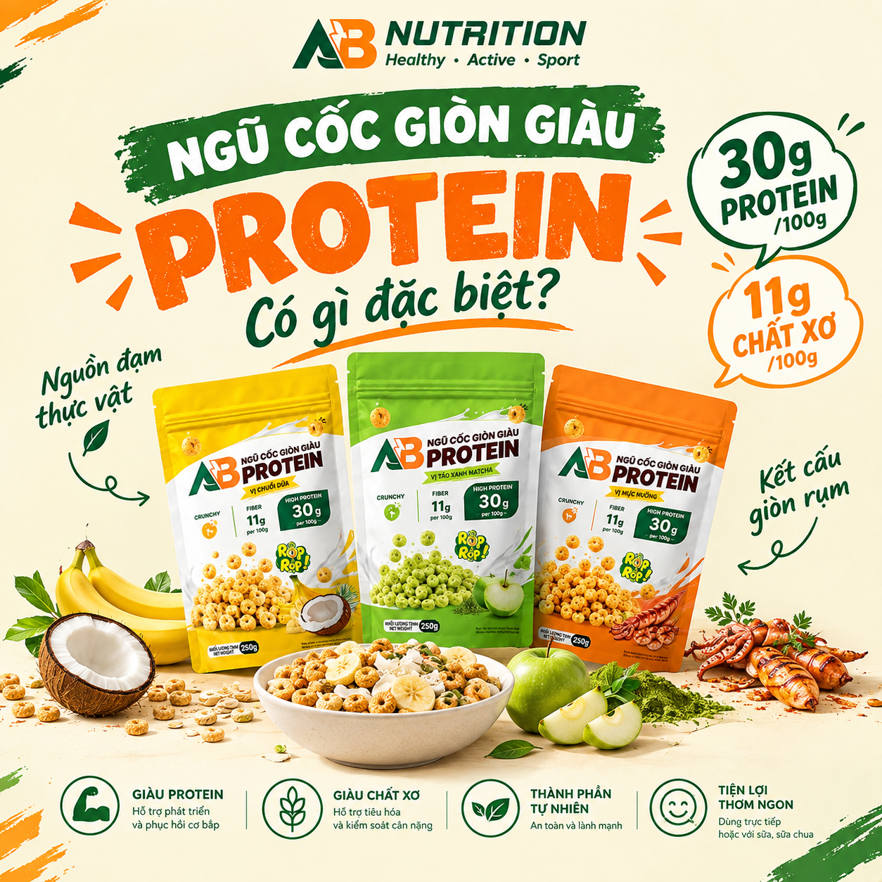 Ngũ Cốc Giòn Giàu Protein AB có gì đặc biệt? Khám phá 30g protein và 11g chất xơ trong 100g.