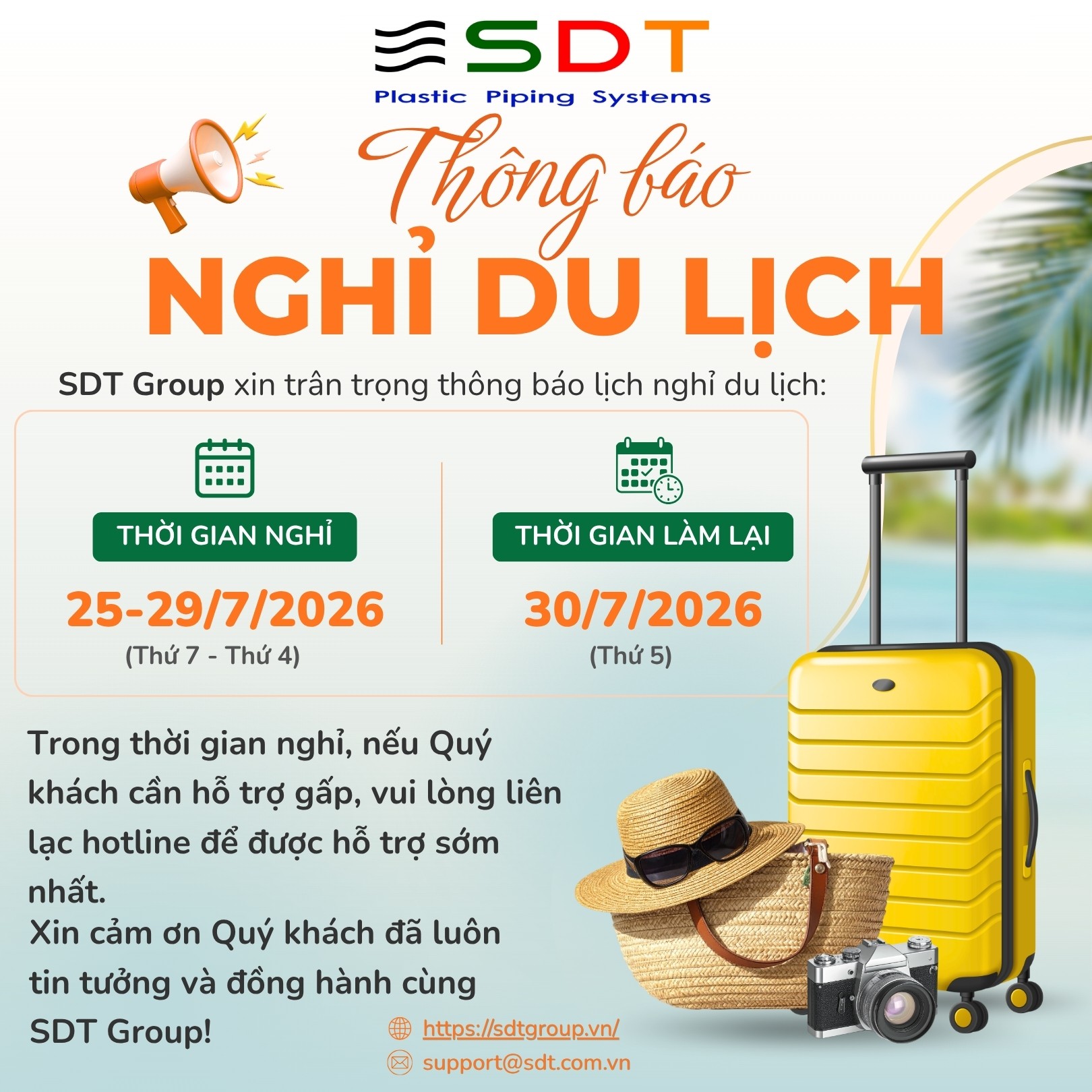 📢 THÔNG BÁO LỊCH NGHỈ DU LỊCH – SDT GROUP