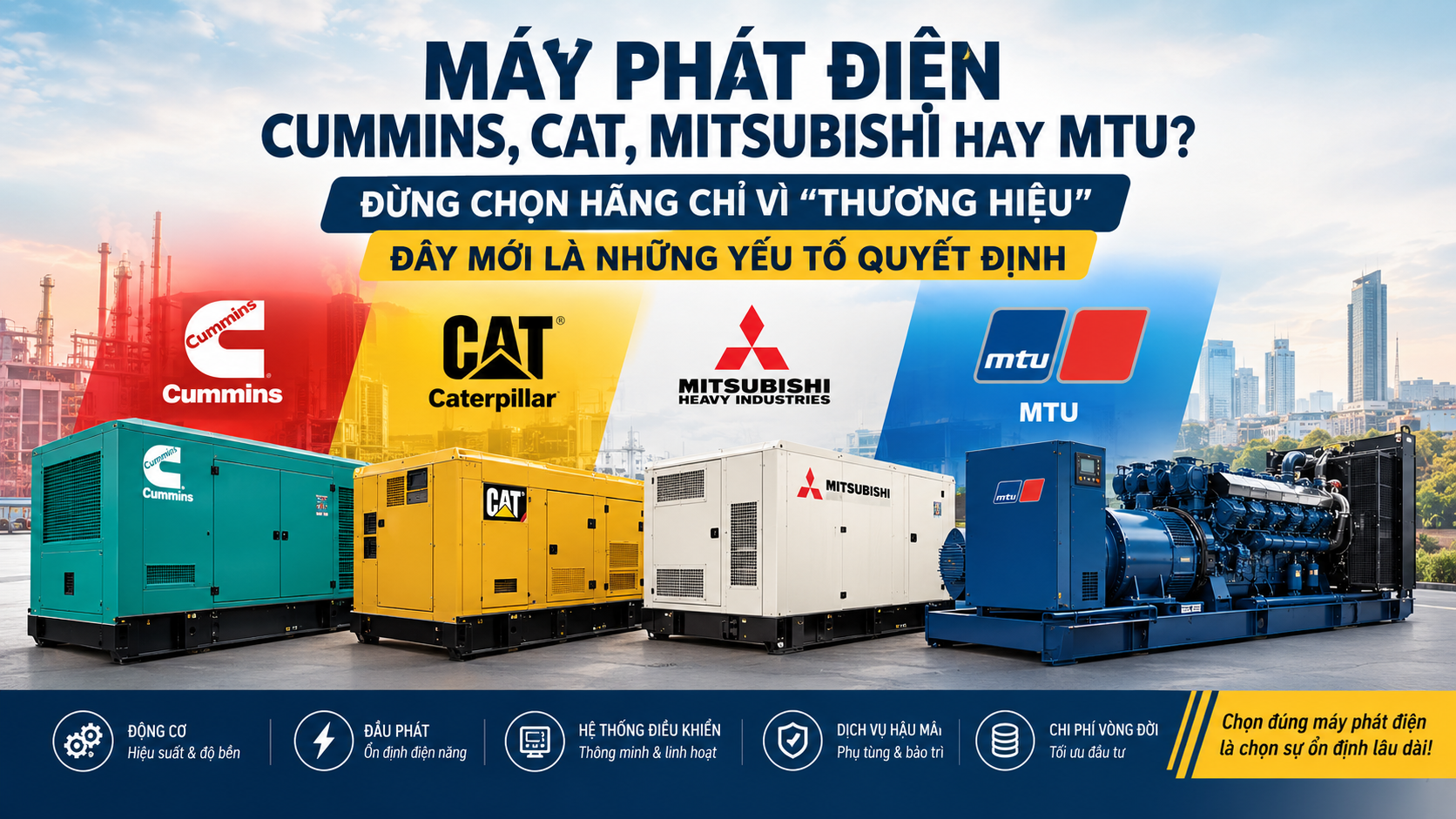 MÁY PHÁT ĐIỆN CUMMINS, CAT, MITSUBISHI HAY MTU? ĐỪNG CHỌN HÃNG CHỈ VÌ “THƯƠNG HIỆU” – ĐÂY MỚI LÀ NHỮNG YẾU TỐ QUYẾT ĐỊNH