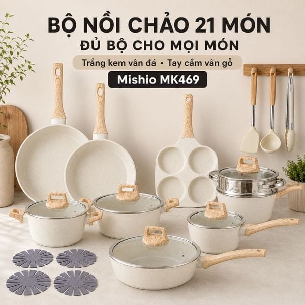 Bộ nồi chảo Mishio MK469 21 món gồm gì? Kích thước và lưu ý