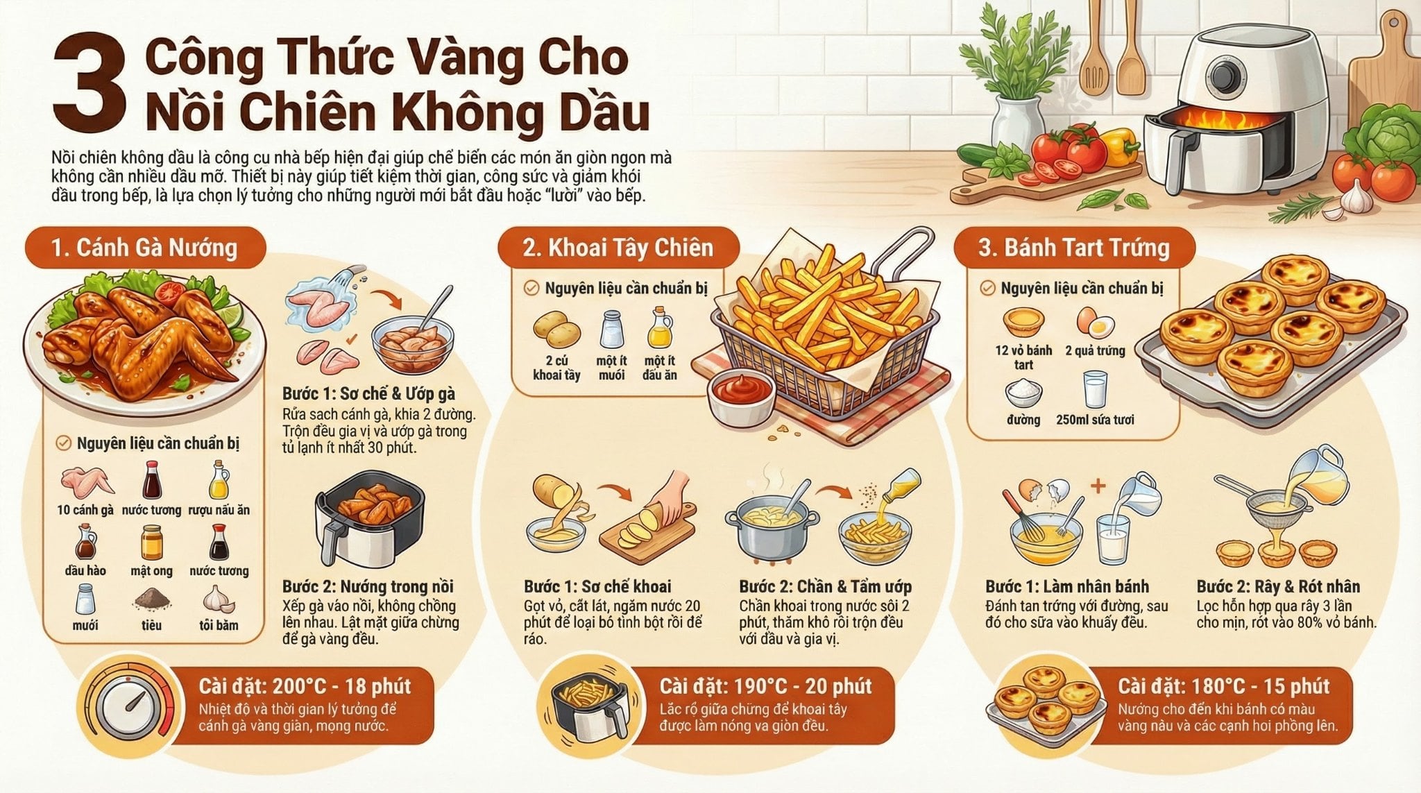 3 Món Ngon Bất Bại Với Nồi Chiên Không Dầu: Gà Nướng, Khoai Tây Chiên & Bánh Tart