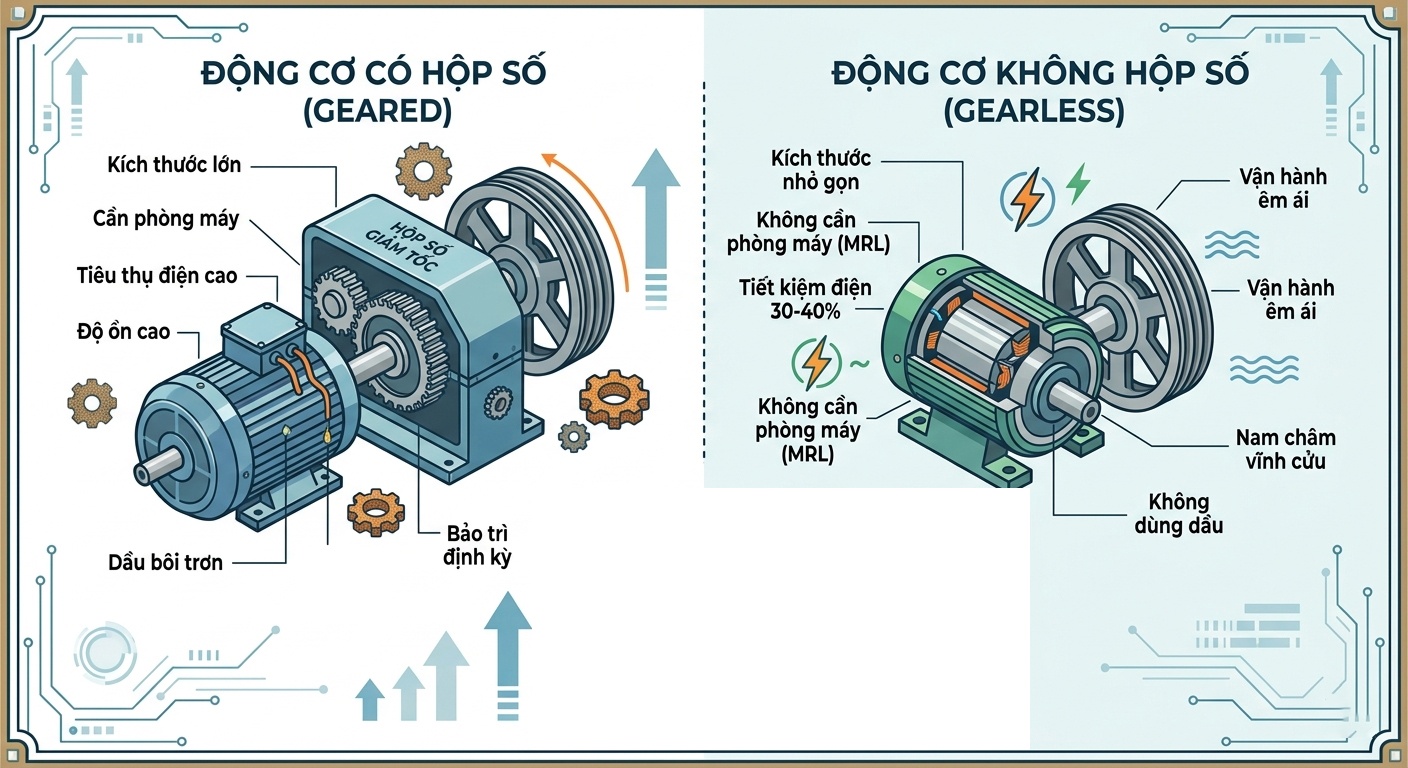 So Sánh Động Cơ Không Hộp Số Và Động Cơ Có Hộp Số Ở Thang Máy