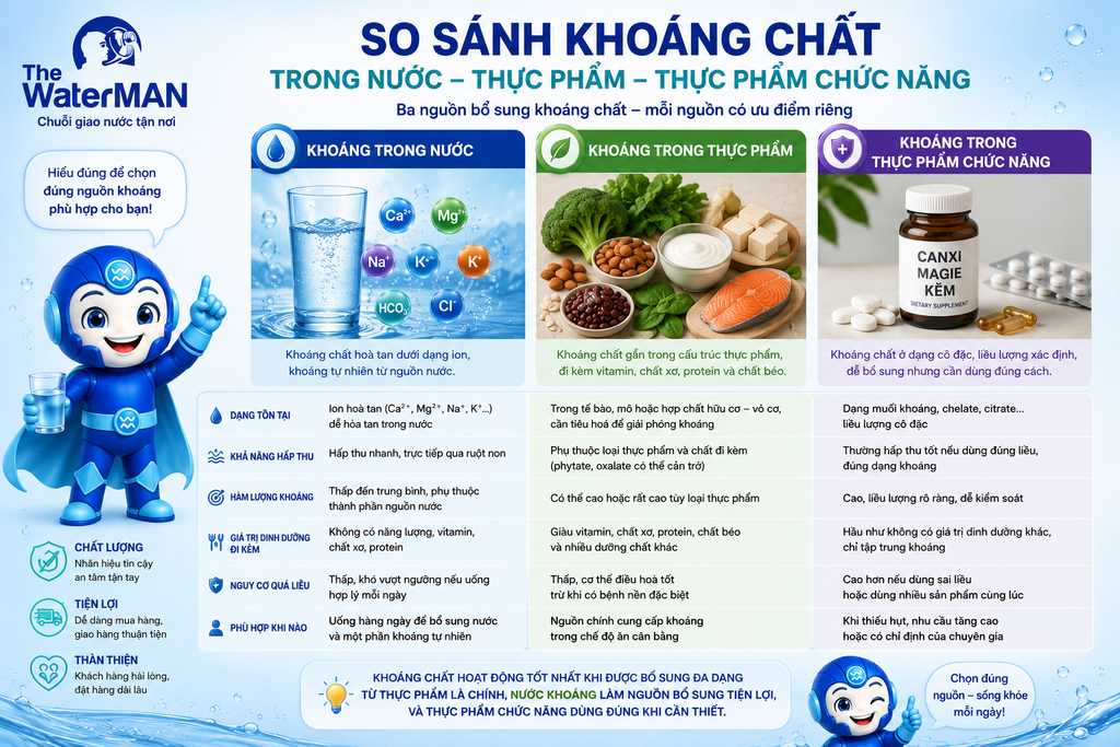 So sánh khoáng trong nước – thực phẩm – thực phẩm chức năng