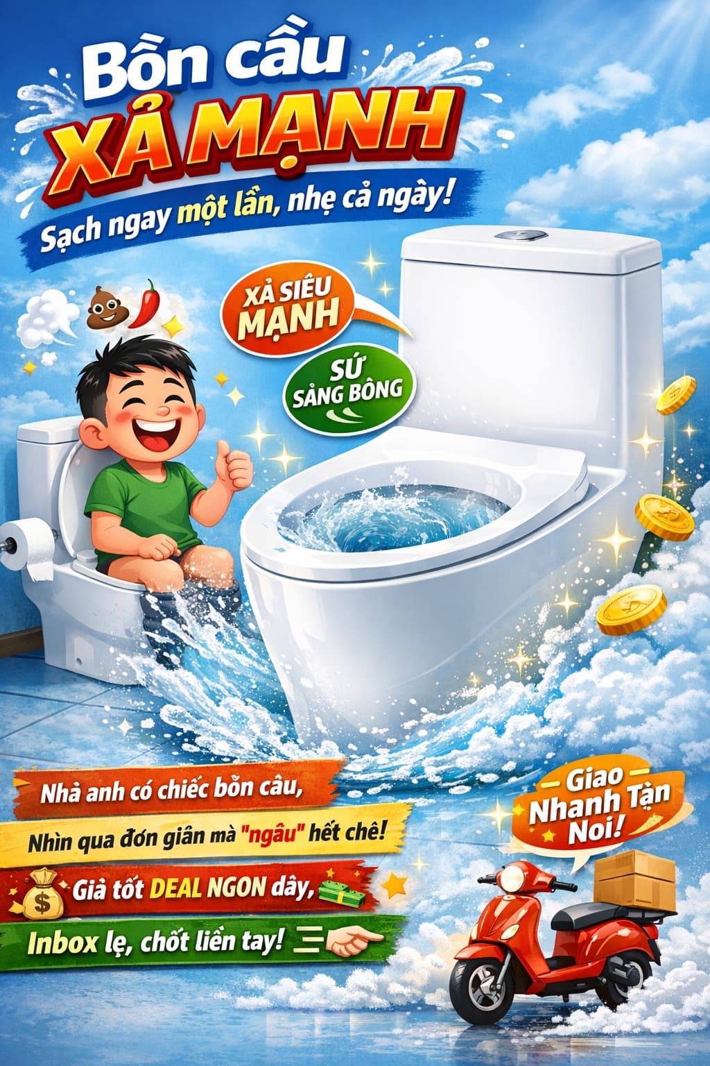 Bồn cầu xả mạnh – Sạch ngay một lần, nhẹ cả ngày!