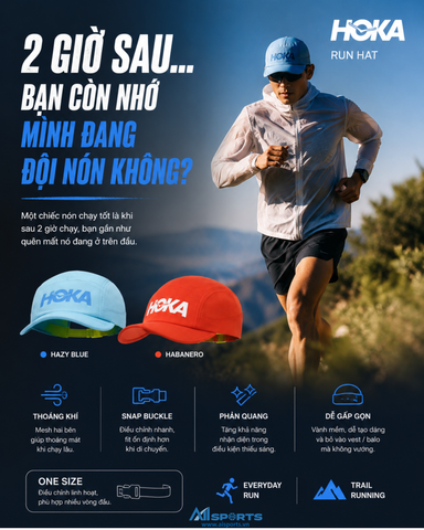 HOKA Run Hat Hazy Blue & Habanero: mũ chạy road và trail có gì đáng chú ý?
