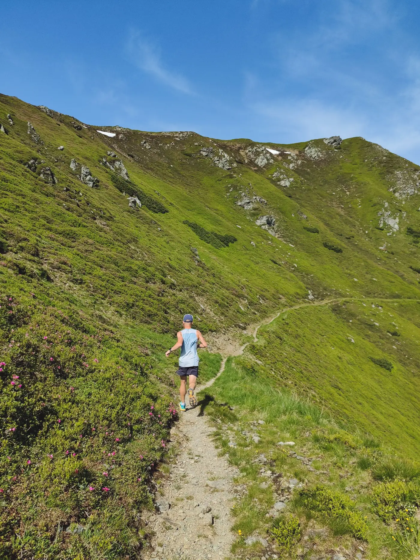Người chạy trail trên đường mòn giữa sườn núi xanh và đá