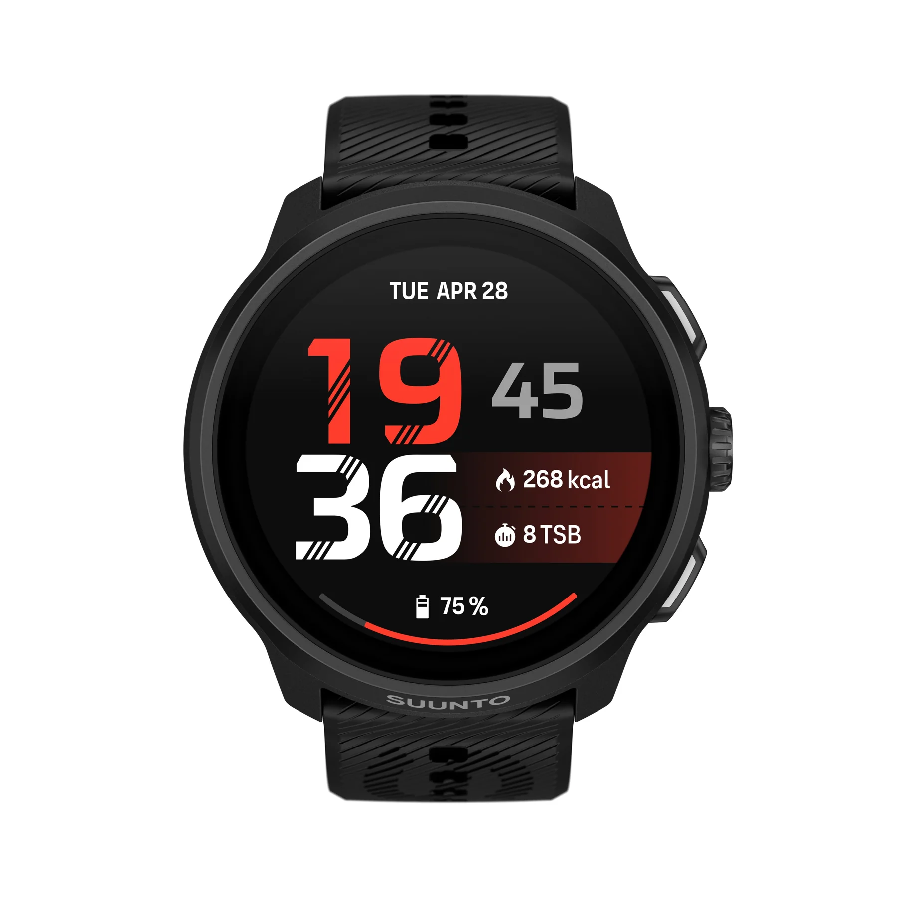 Suunto Run 2 All Black, nhìn chính diện với dây đeo đen