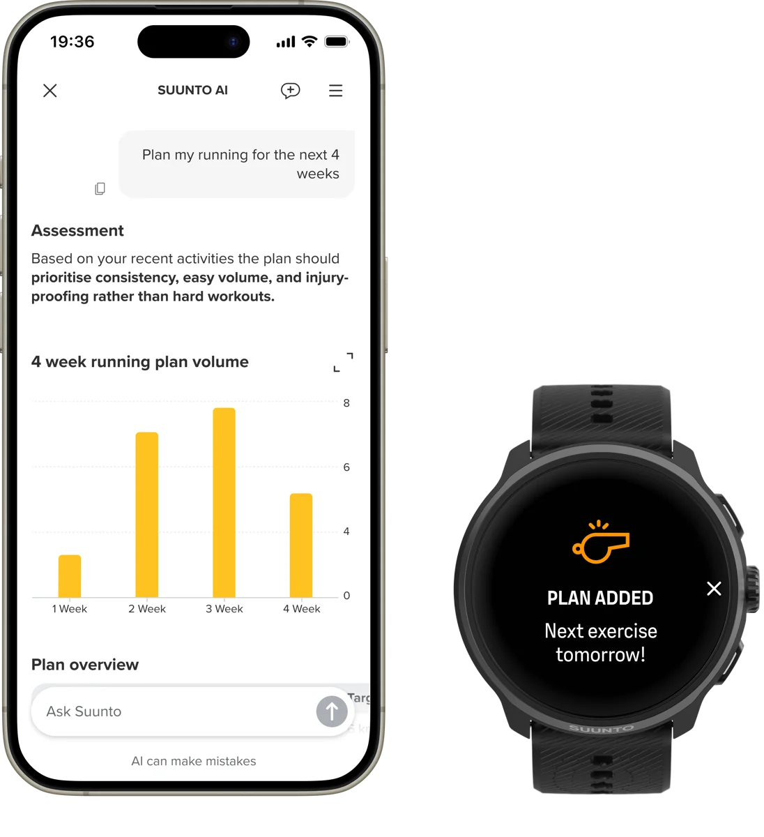 Minh họa AI Coach trong ứng dụng Suunto tạo kế hoạch chạy và đồng bộ đến Run 2