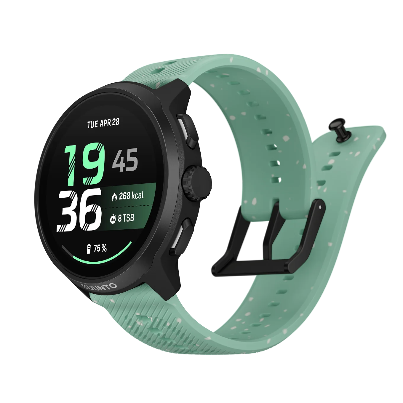 Suunto Run 2 Aloe Green nhìn nghiêng, thể hiện thiết kế dây và thân đồng hồ
