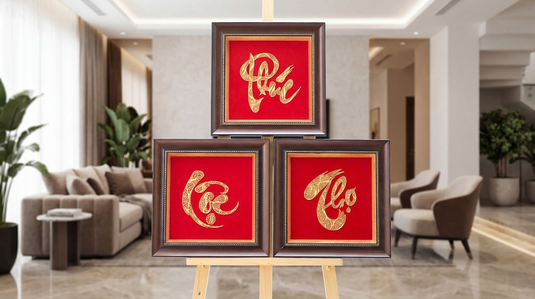 tranh chữ Phúc Lộc Thọ thư pháp mạ vàng
