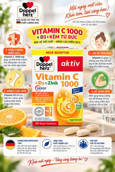 Doppelherz Aktiv Vitamin C 1000 D3 Zinc Depot 30 viên nhập khẩu Đức hỗ trợ tăng cường miễn dịch và bổ sung vitamin C