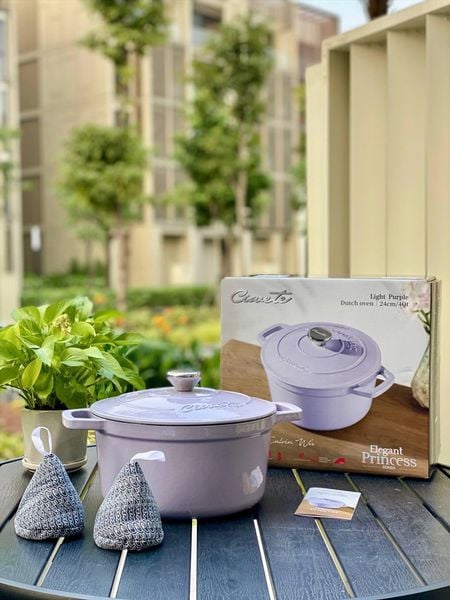 Nồi gang Ciwete 24cm màu tím pastel Dutch Oven dùng được bếp từ và lò nướng