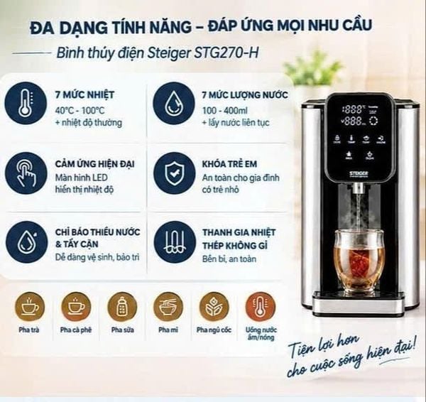 Tính năng nổi bật của bình thủy điện Steiger STG270-H: 7 mức nước, cảm ứng, khóa trẻ em, an toàn, tiện lợi.