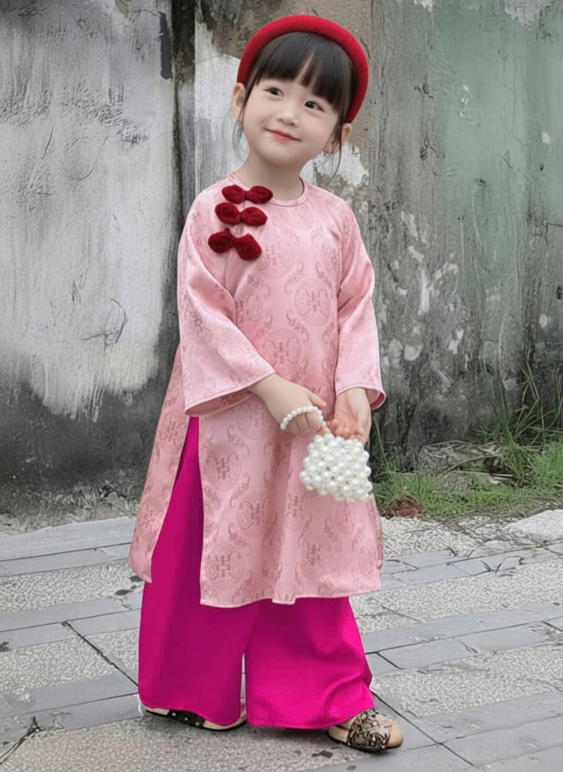 bộ áo dài bé gái gấm nút tàu