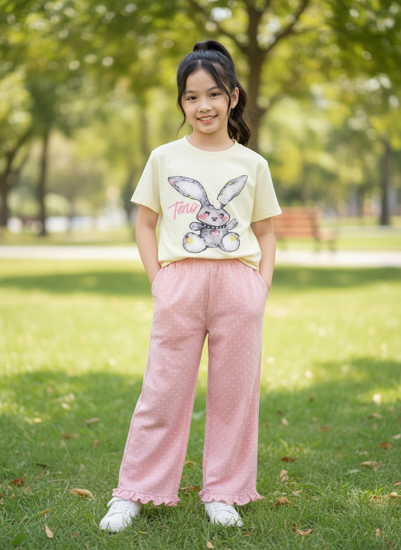 Bộ thun bé gái dài đũi suông thỏ