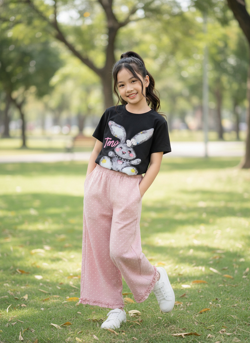 Bộ thun bé gái dài đũi suông thỏ