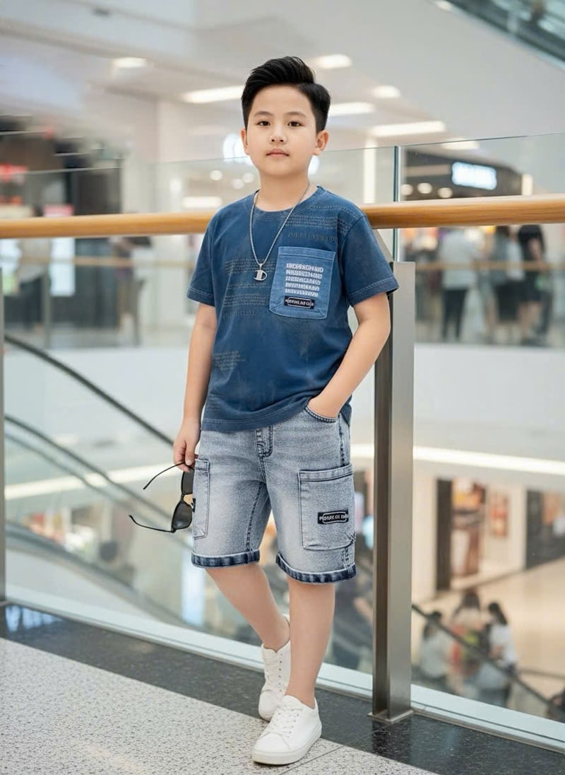 Bộ jean bé trai wash đá túi chữ