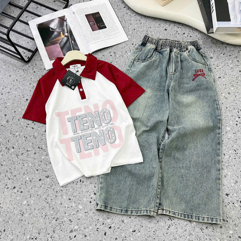 bộ jean dài bé gái cổ trụ teno