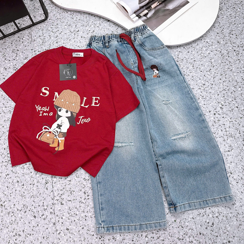 Bộ jean dài bé gái hình cô gái nón