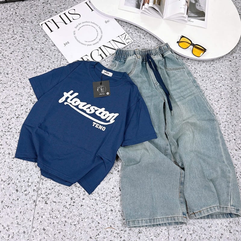 bộ jean dài bé gái chữ Houston