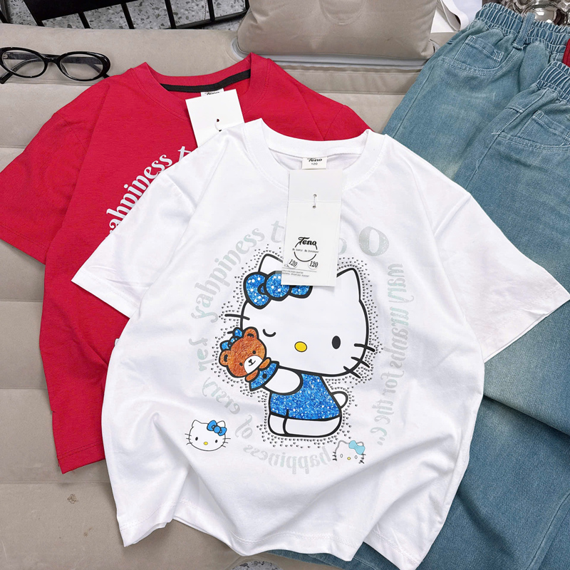 bộ jean dài bé gái kitty ôm gấu