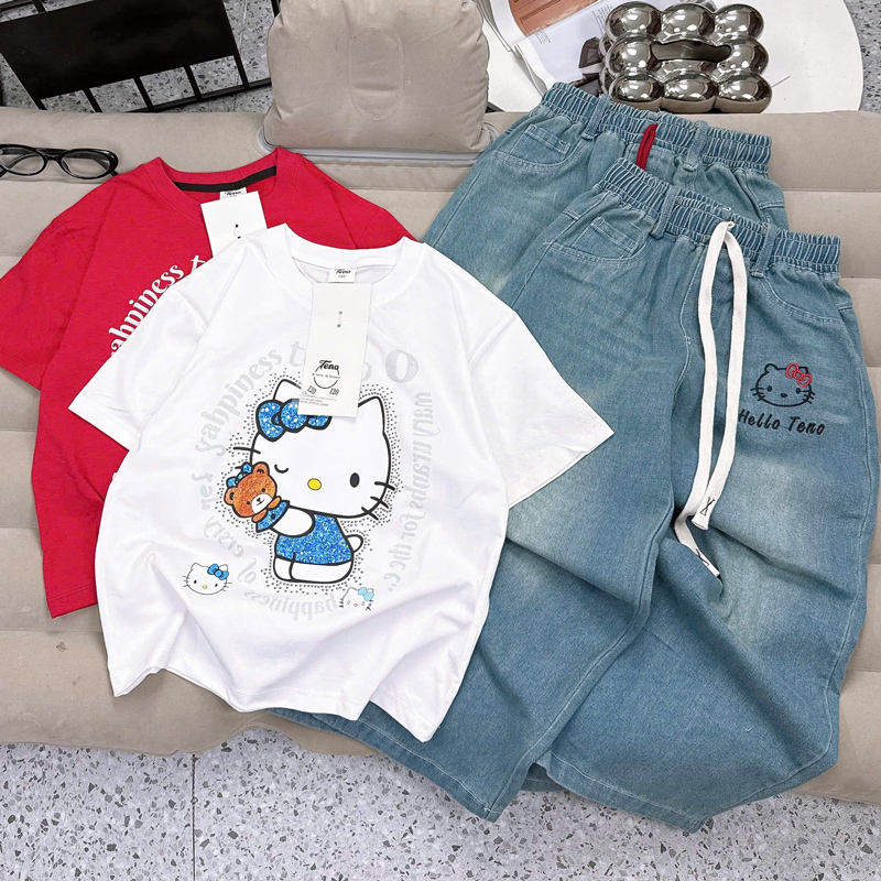 bộ jean dài bé gái kitty ôm gấu