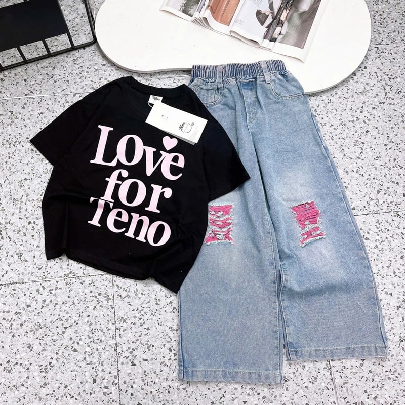 Bộ jean dài bé gái Love