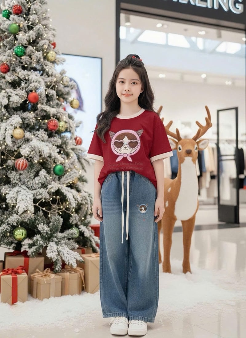 Bộ jean dài bé gái mèo đeo kiếng