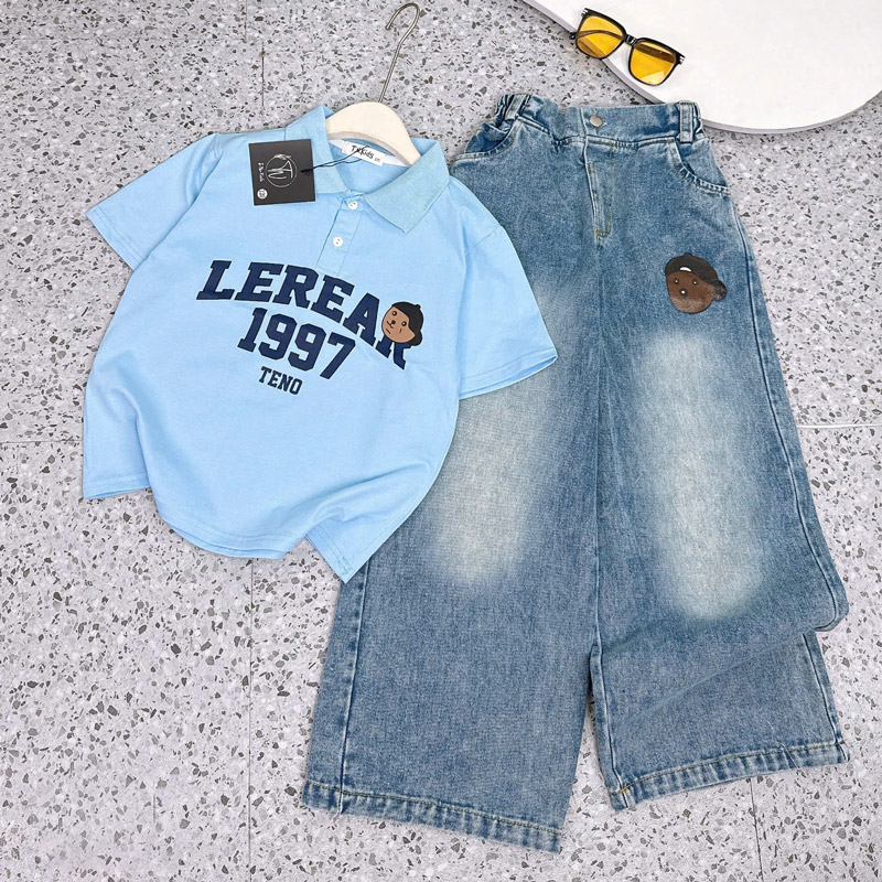 Bộ jean dài bé gái cổ trụ Lerear