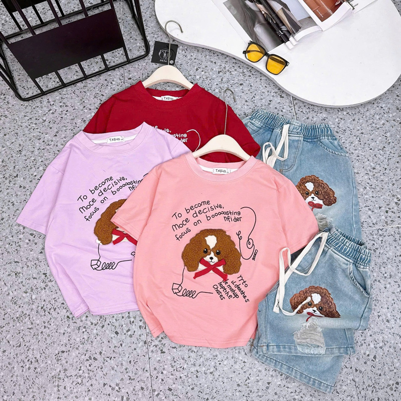 Bộ jean ngố bé gái chó xù