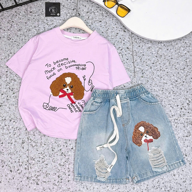Bộ jean ngố bé gái chó xù