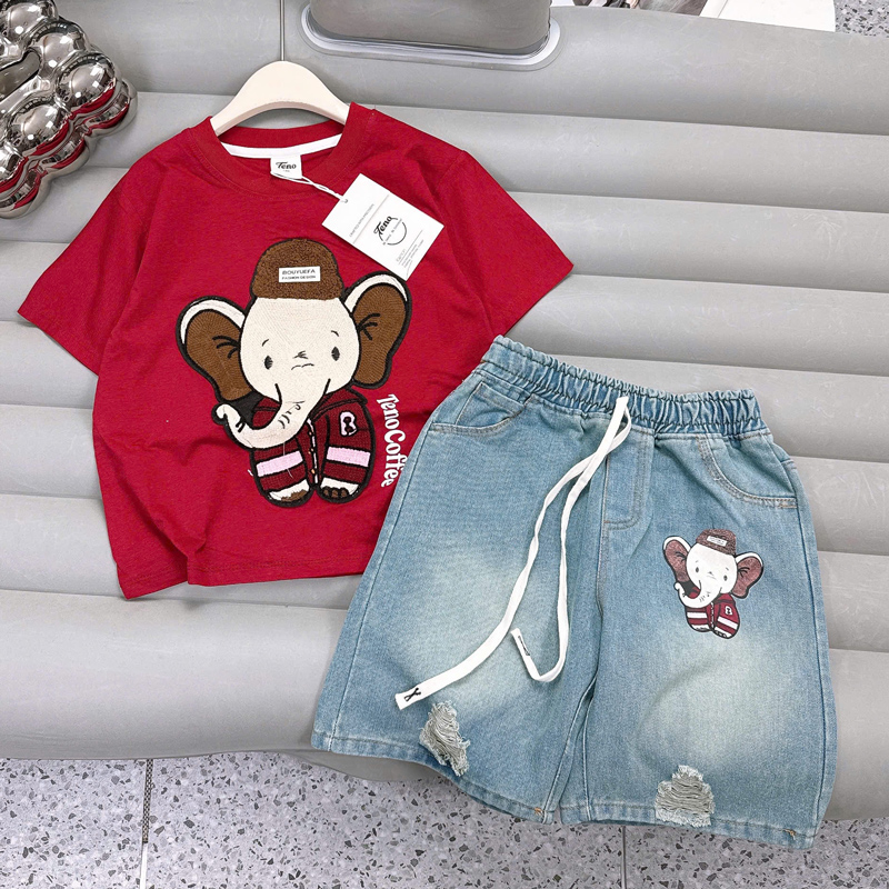 Bộ jean ngố bé gái thêu voi