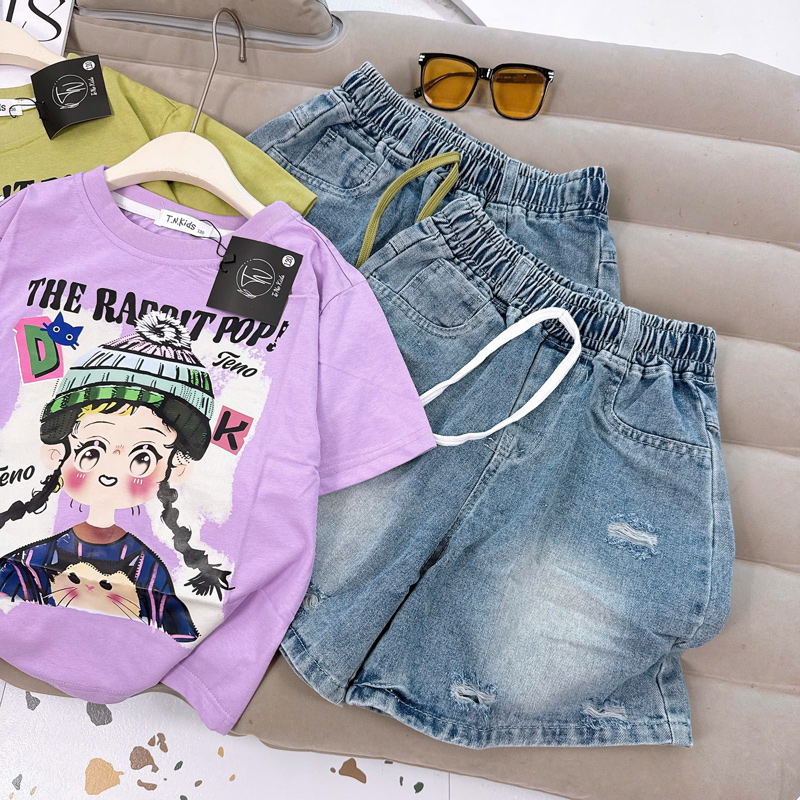 Bộ short jean bé gái cô gái Rabbit